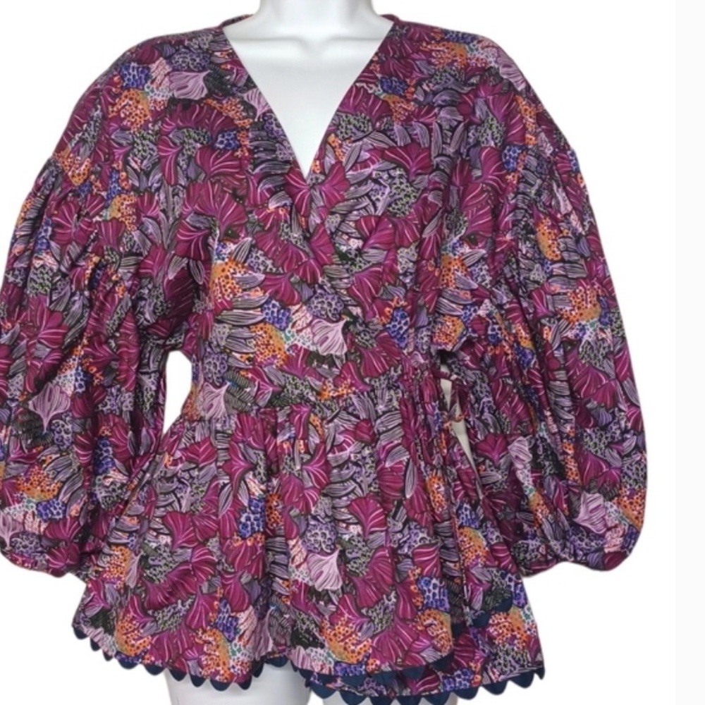 Kika Vargas Floral V-Neck Puff Sleeve Wrap top